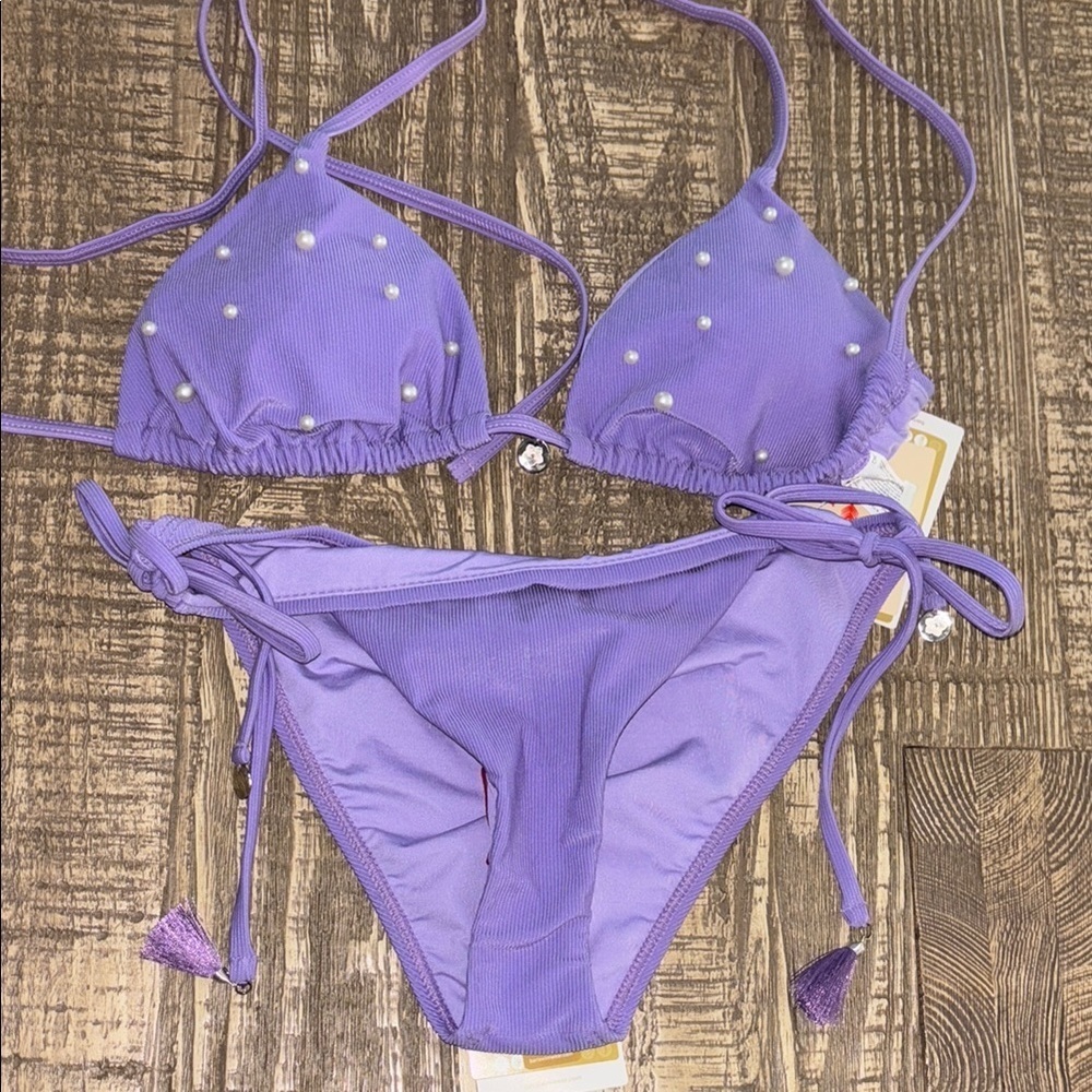 Purple Bikini with Pearl Accents